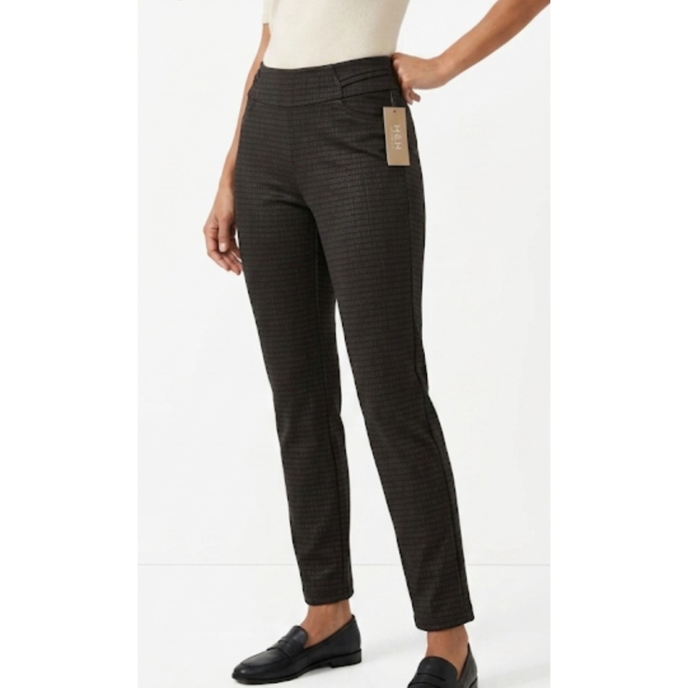 Hope & Harlow Women L Brown Plaid Print Pull On Career Pants Trousers Stretch...